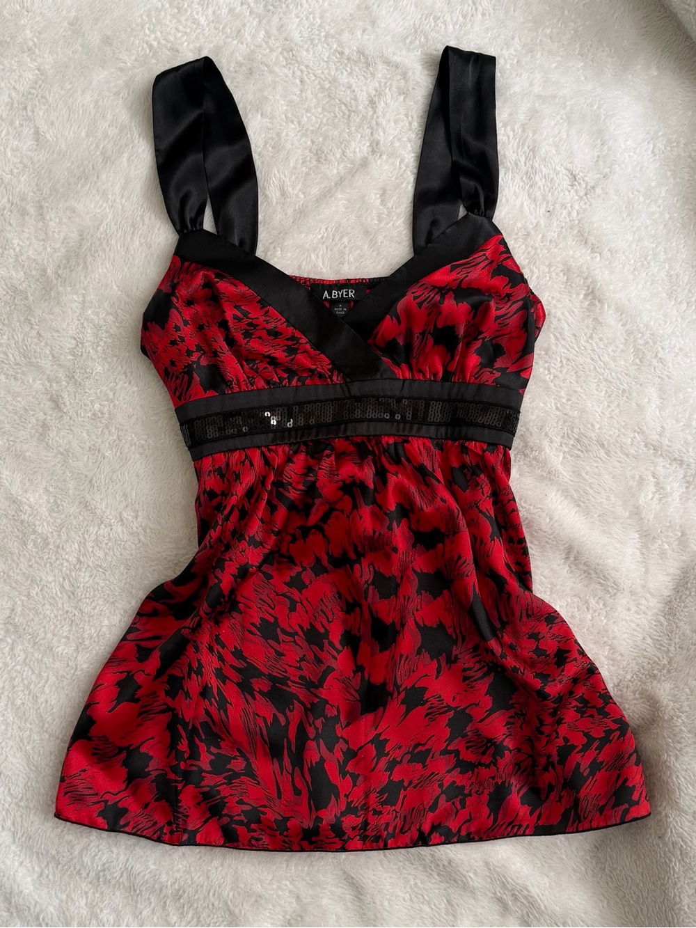 Gorgeous A. Byer Red/black floral babydoll silk-like top